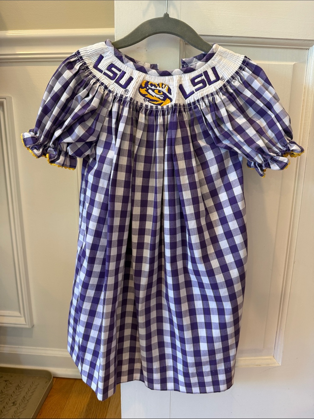 LSU Gingham Smocked Off-Shoulder Dress - Purple & White